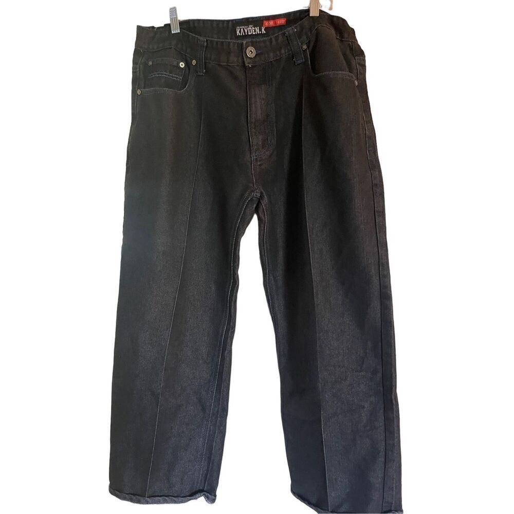 Kayden K Men's Black & Royal Blue Full Length Loose Fit Unwashed Jeans Size 40